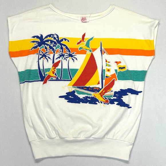 Vintage 80s Tee Shirt Jane Colby Sailboat Sunset Textured Tropical Beach Fashion - Picture 6 of 14